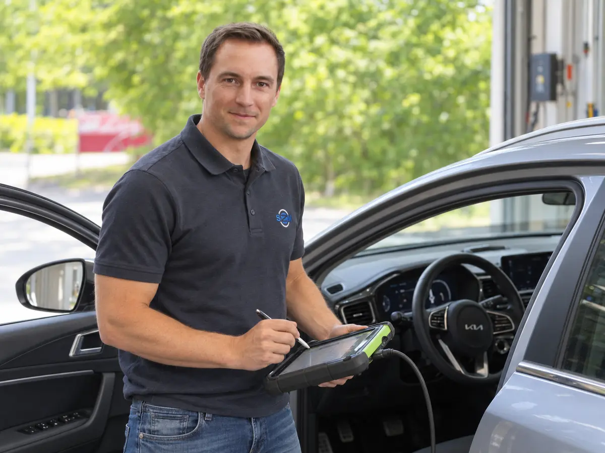 Andreas Schmidt bei der Fahrzeugbegutachtung mit einem Tablet